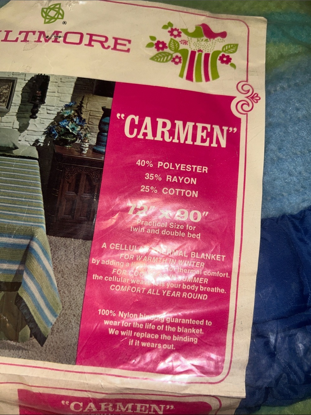 NWT Biltmore vintage thermal blanket in blue hues and yellow colors - Picture 6 of 7